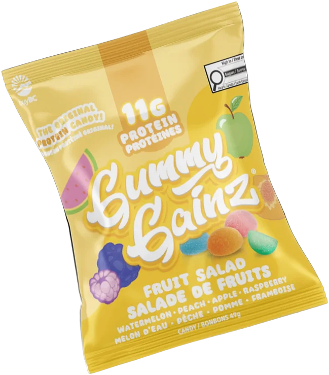 A bag of Gummy Gainz Fruit Salad protein gummies, 11g protein